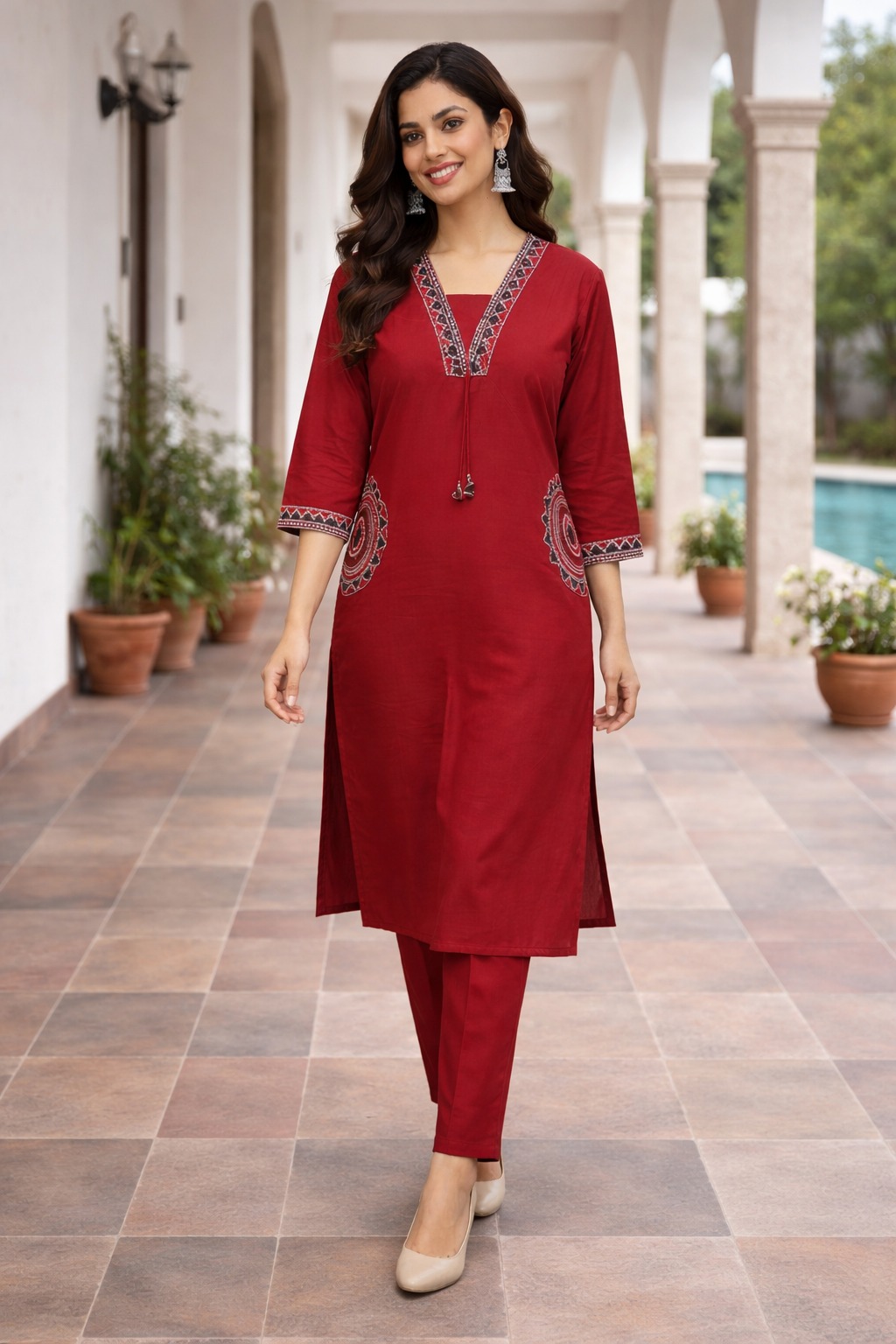  Darshan Style Hub Women’s Geometric Embroidered Kurta Set | Elegant V-Neck with Decorative Detailing | 3/4 Sleeve | Comfortable Elasticated Straight Pants | Ethnic Wear for Women 6