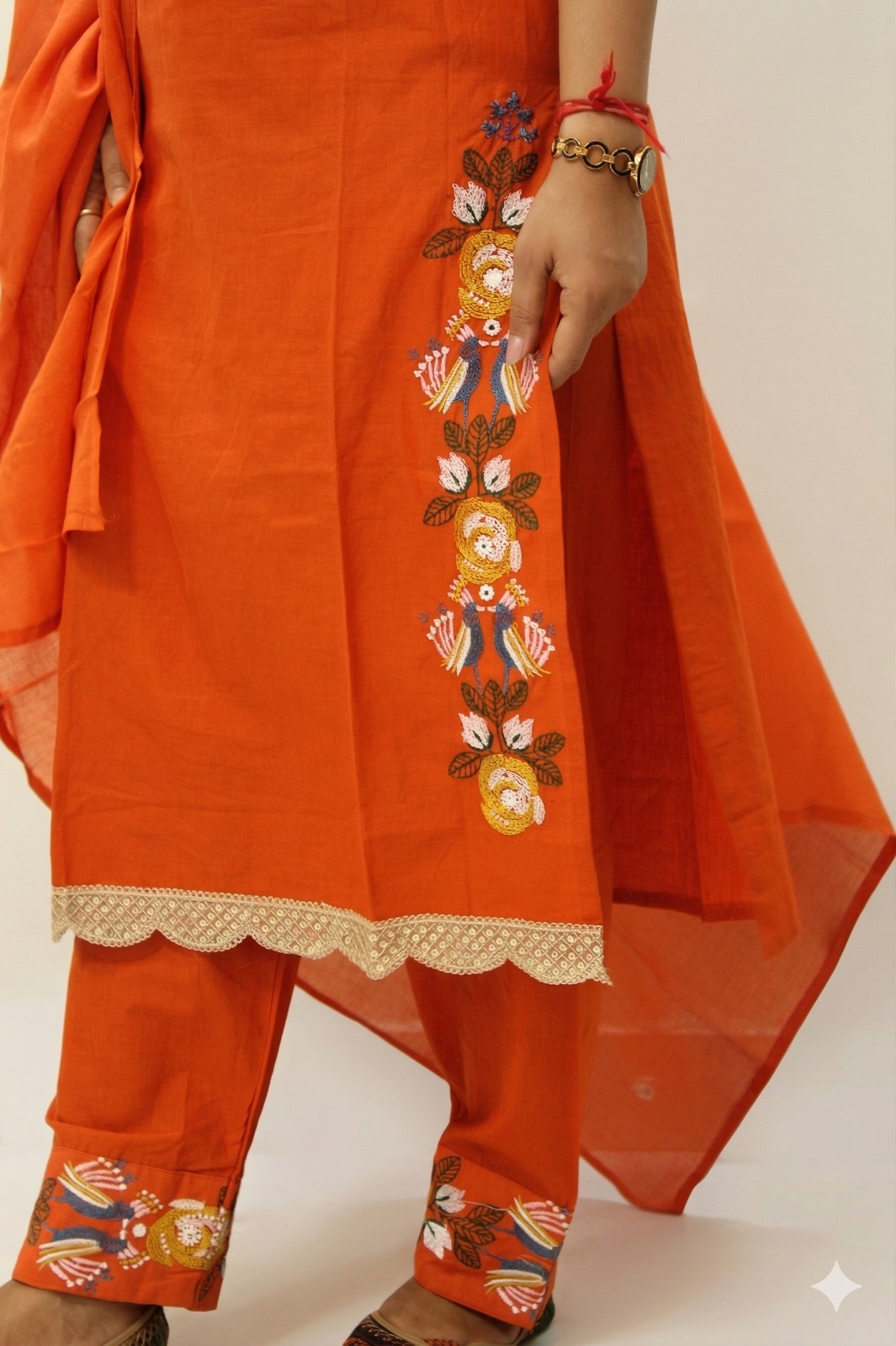 Darshan Style Hub Women’s Orange Embroidered Cotton Kurta Set | Round Neck with Tie-Up Tassels | Sleeveless | Straight Pants | Ethnic Wear 3