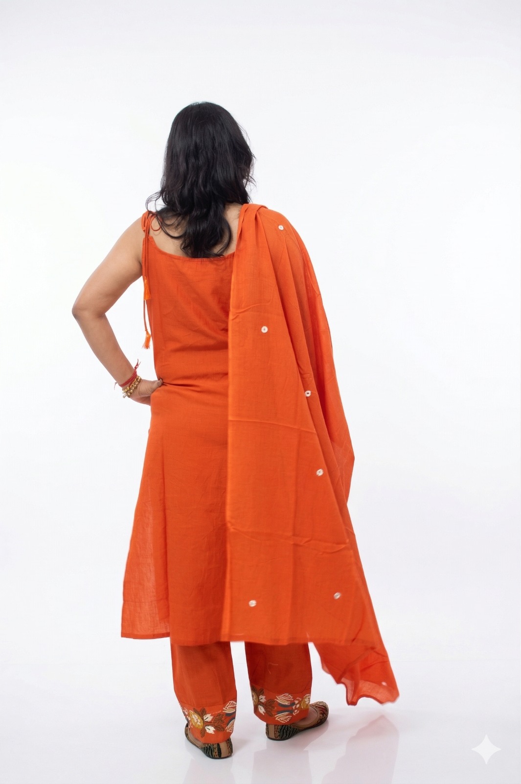 Darshan Style Hub Women’s Orange Embroidered Cotton Kurta Set | Round Neck with Tie-Up Tassels | Sleeveless | Straight Pants | Ethnic Wear 4