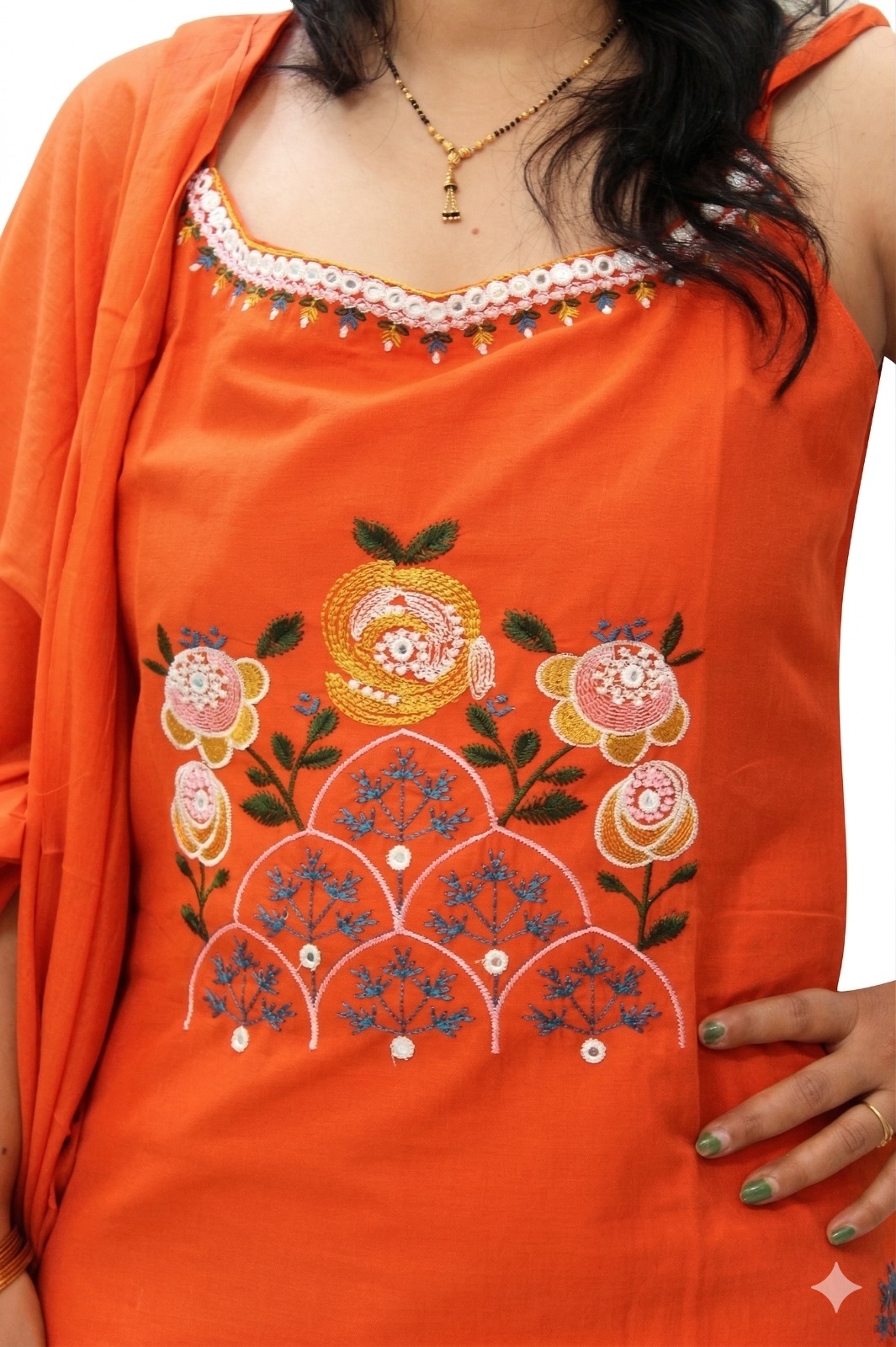 Darshan Style Hub Women’s Orange Embroidered Cotton Kurta Set | Round Neck with Tie-Up Tassels | Sleeveless | Straight Pants | Ethnic Wear 5