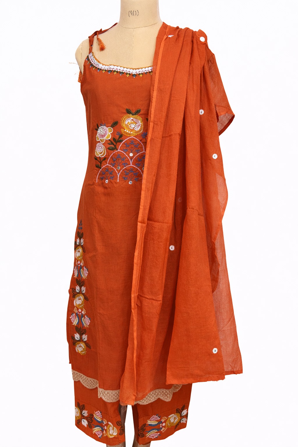 Darshan Style Hub Women’s Orange Embroidered Cotton Kurta Set | Round Neck with Tie-Up Tassels | Sleeveless | Straight Pants | Ethnic Wear 6