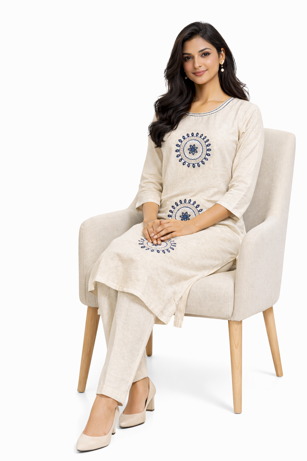 Women’s Off White Cotton Kurta Set with Pant | Embroidered Ethnic Kurti | Boat Neck | 3/4 Sleeve | Straight Elasticated Pant | Office Wear Kurta Set