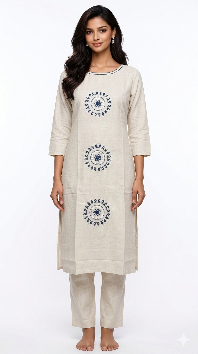 Women’s Off White Cotton Kurta Set with Pant | Embroidered Ethnic Kurti | Boat Neck | 3/4 Sleeve | Straight Elasticated Pant | Office Wear Kurta Set 2