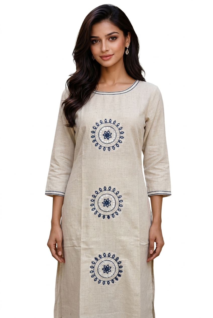 Women’s Off White Cotton Kurta Set with Pant | Embroidered Ethnic Kurti | Boat Neck | 3/4 Sleeve | Straight Elasticated Pant | Office Wear Kurta Set 3
