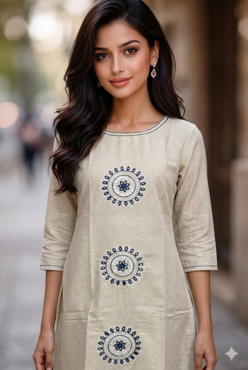 Women’s Off White Cotton Kurta Set with Pant | Embroidered Ethnic Kurti | Boat Neck | 3/4 Sleeve | Straight Elasticated Pant | Office Wear Kurta Set 4