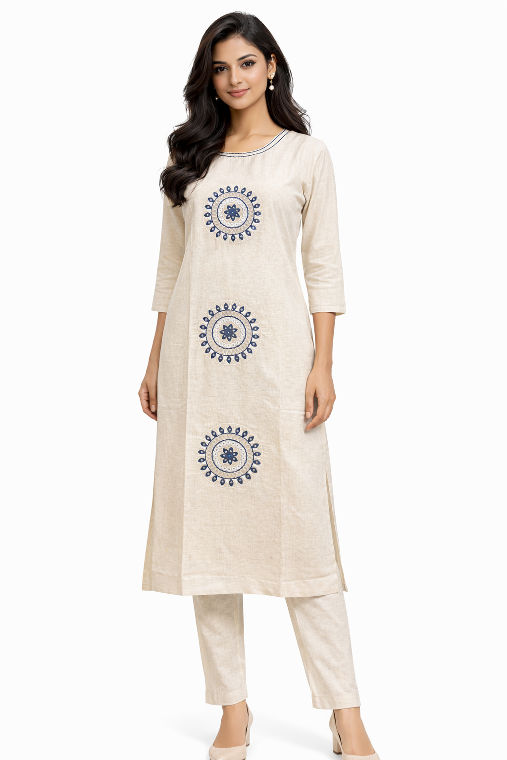 Women’s Off White Cotton Kurta Set with Pant | Embroidered Ethnic Kurti | Boat Neck | 3/4 Sleeve | Straight Elasticated Pant | Office Wear Kurta Set 6