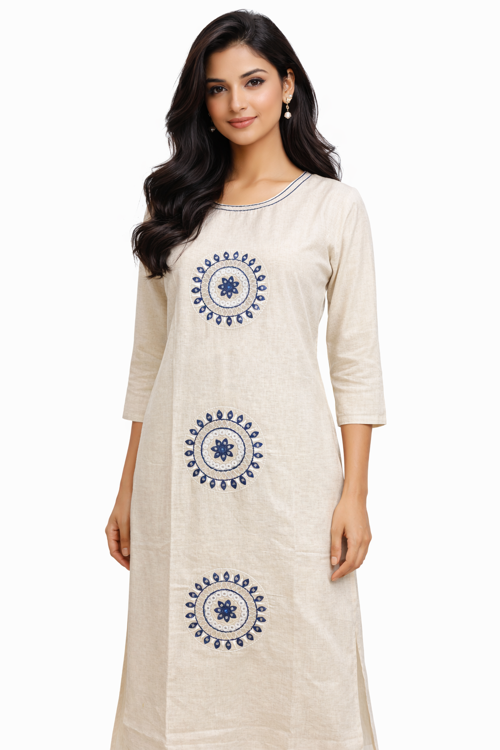 Women’s Off White Cotton Kurta Set with Pant | Embroidered Ethnic Kurti | Boat Neck | 3/4 Sleeve | Straight Elasticated Pant | Office Wear Kurta Set 7
