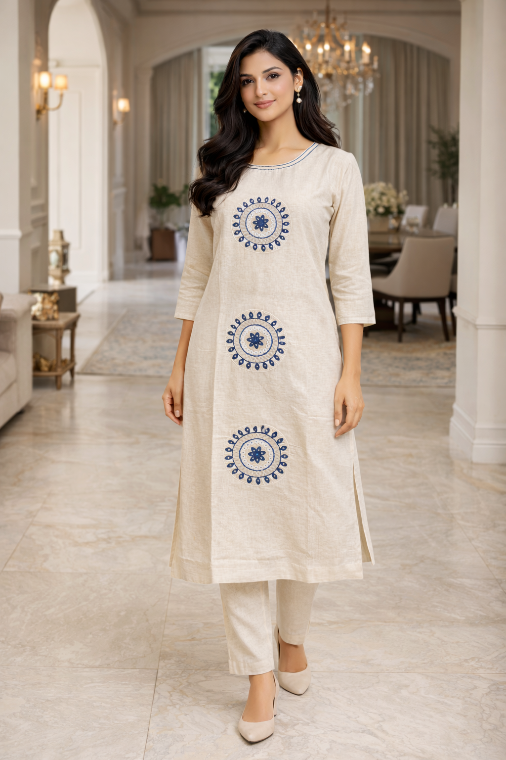 Women’s Off White Cotton Kurta Set with Pant | Embroidered Ethnic Kurti | Boat Neck | 3/4 Sleeve | Straight Elasticated Pant | Office Wear Kurta Set 8