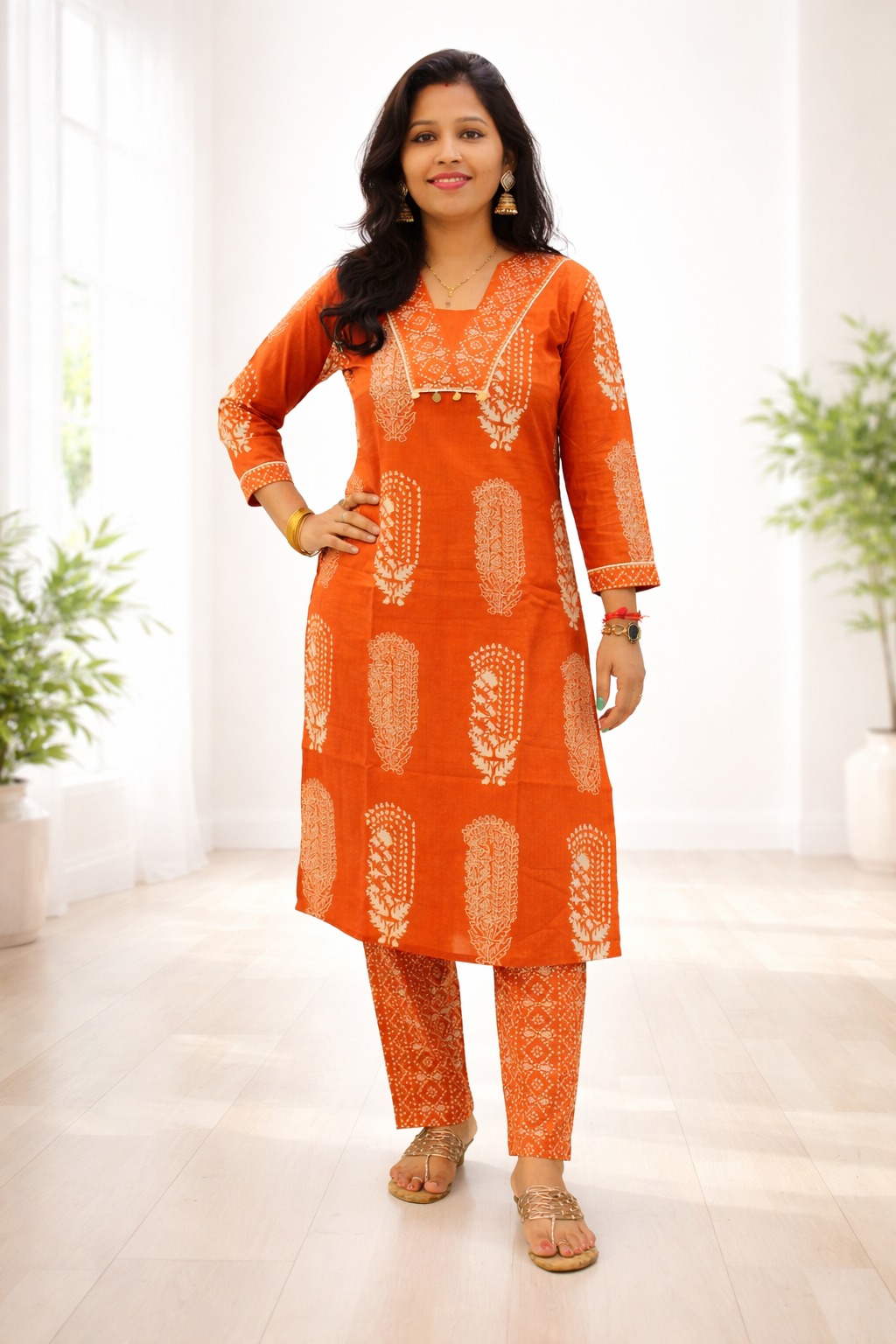 Women’s Rust orange floral motifs cotton printed kurta pant set  | v neck detalling with tussels  | 3/4 Sleeve  | comfortble regular stright fit shillouttle 5