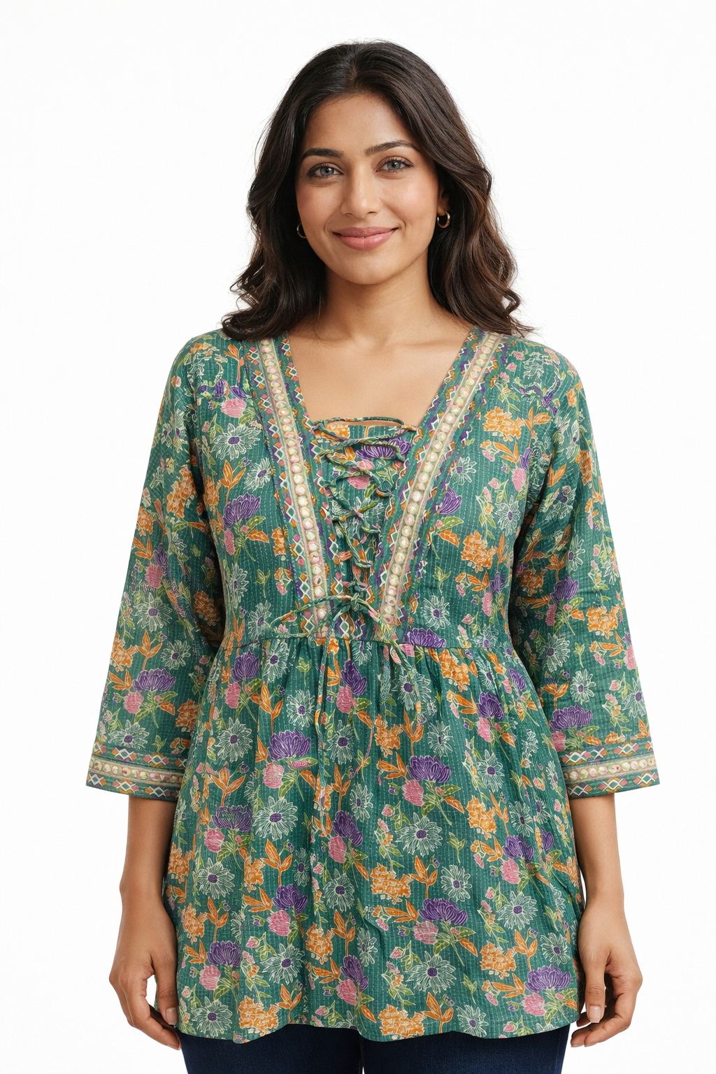 Darshan Style Hub Women Cotton Floral Printed A-Line Kurti Top | Lace-Up V Neckline | 3/4th Sleeve