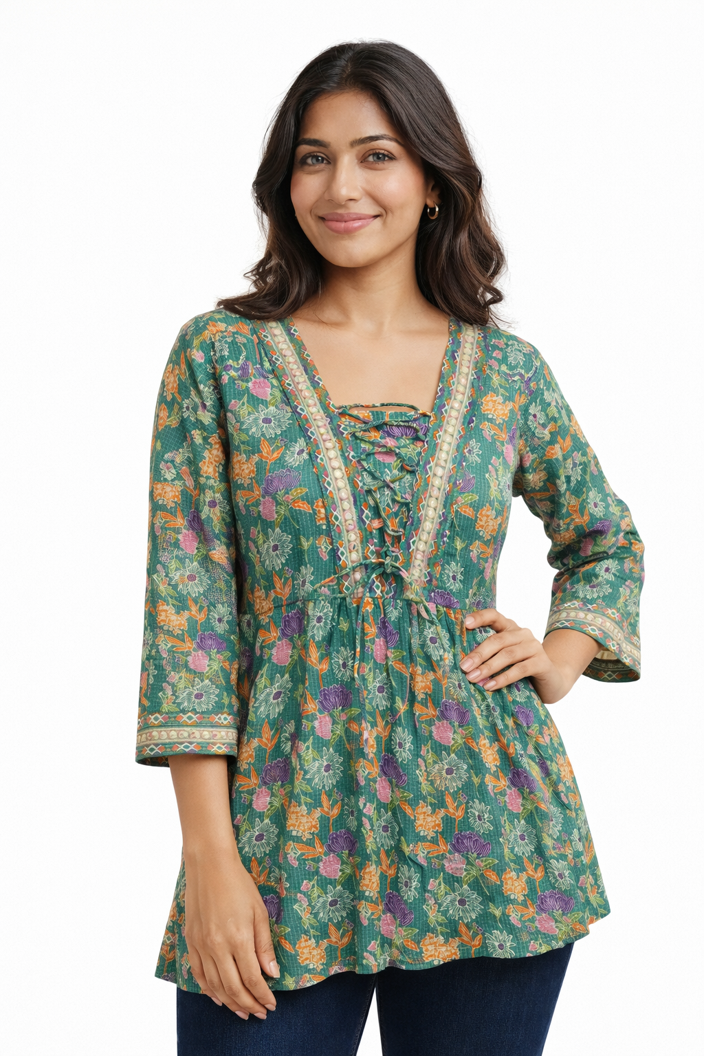 Darshan Style Hub Women Cotton Floral Printed A-Line Kurti Top | Lace-Up V Neckline | 3/4th Sleeve 2