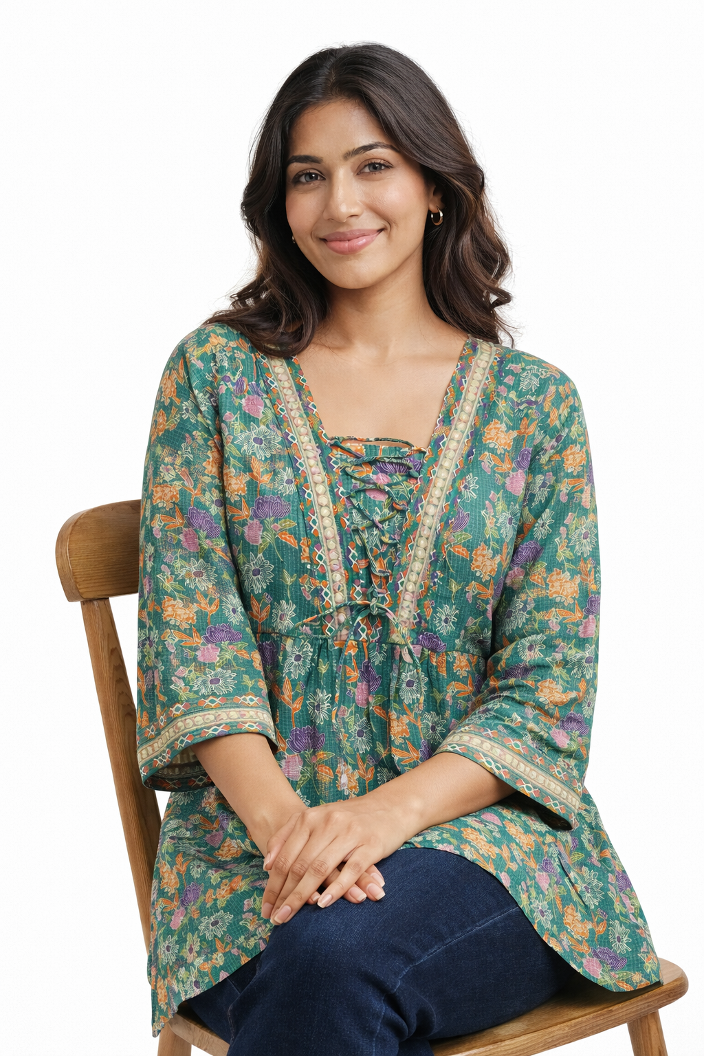 Darshan Style Hub Women Cotton Floral Printed A-Line Kurti Top | Lace-Up V Neckline | 3/4th Sleeve 3