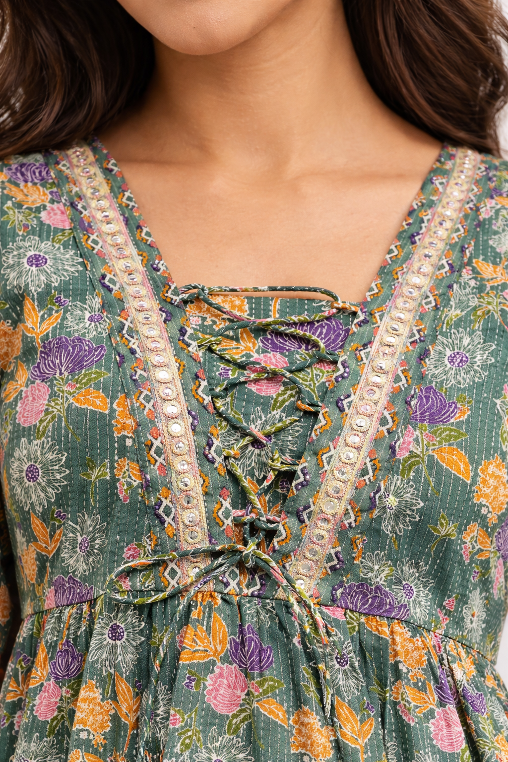 Darshan Style Hub Women Cotton Floral Printed A-Line Kurti Top | Lace-Up V Neckline | 3/4th Sleeve 5