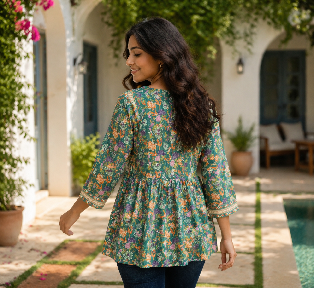 Darshan Style Hub Women Cotton Floral Printed A-Line Kurti Top | Lace-Up V Neckline | 3/4th Sleeve 6