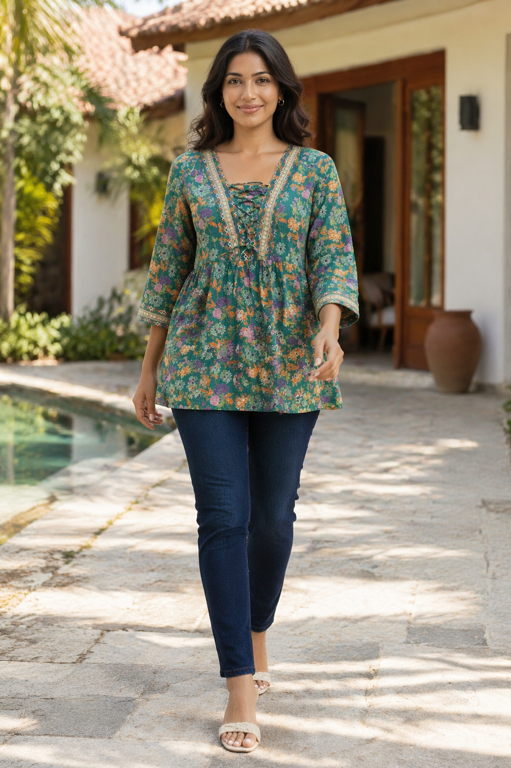 Darshan Style Hub Women Cotton Floral Printed A-Line Kurti Top | Lace-Up V Neckline | 3/4th Sleeve 7