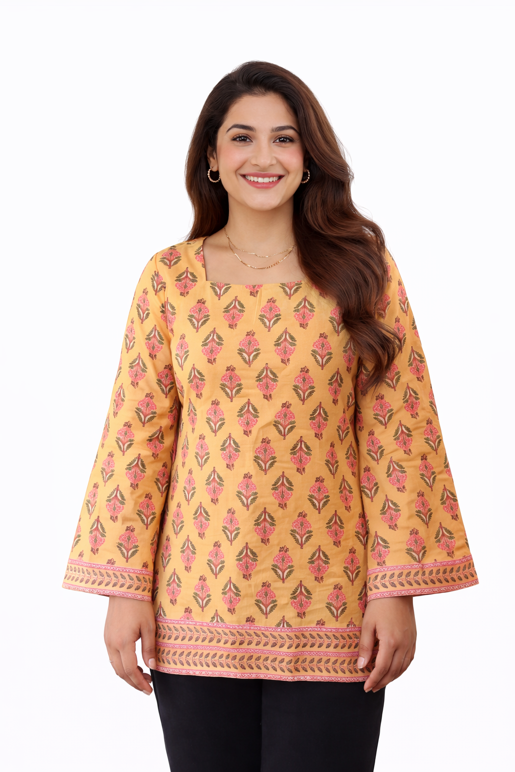  Darshan Style Hub Women Mustard Cotton Hand Block Printed Short Kurti Top | Square Neck | Full Bell Sleeves | Side Tie-Up Ethnic Wear