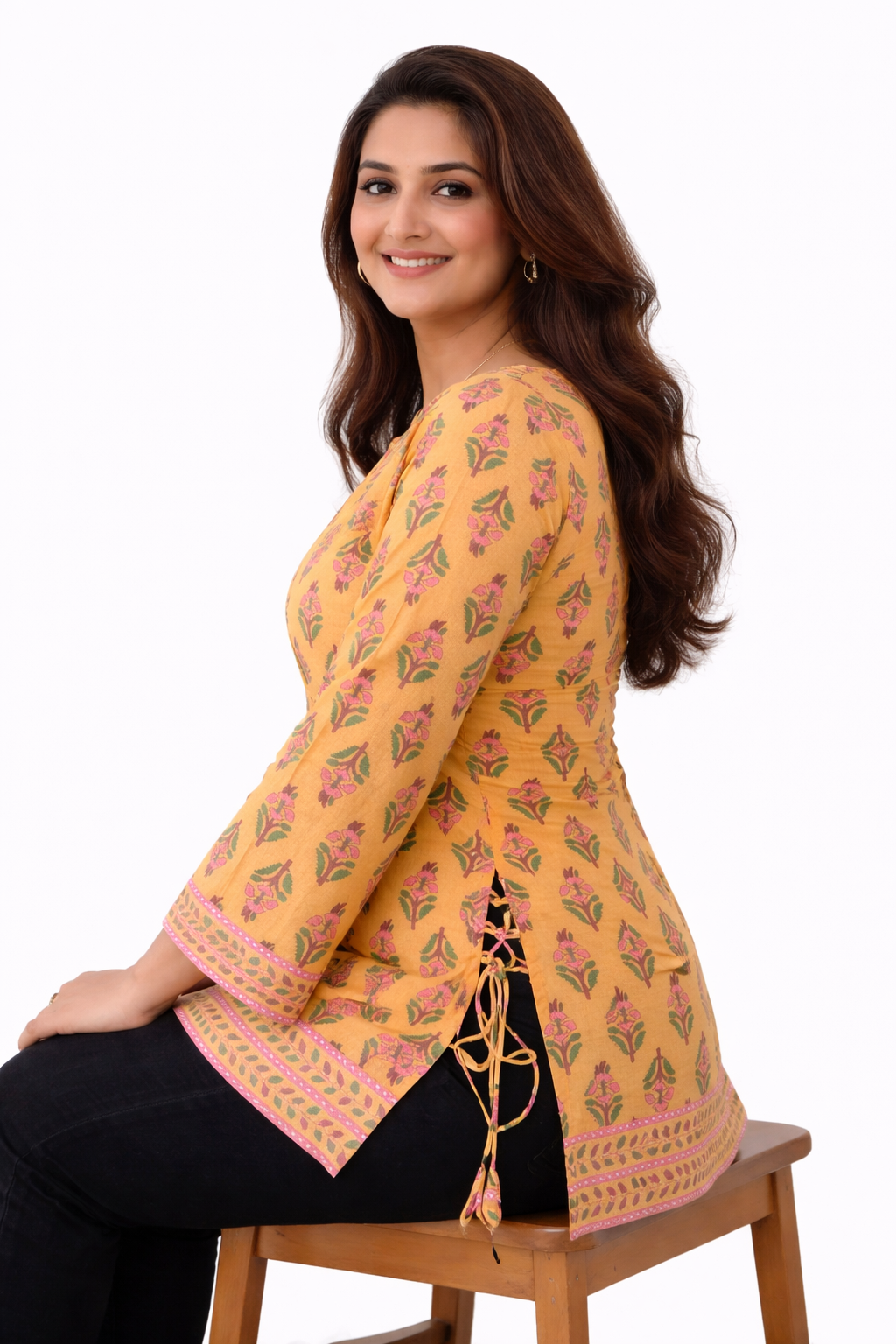  Darshan Style Hub Women Mustard Cotton Hand Block Printed Short Kurti Top | Square Neck | Full Bell Sleeves | Side Tie-Up Ethnic Wear 3