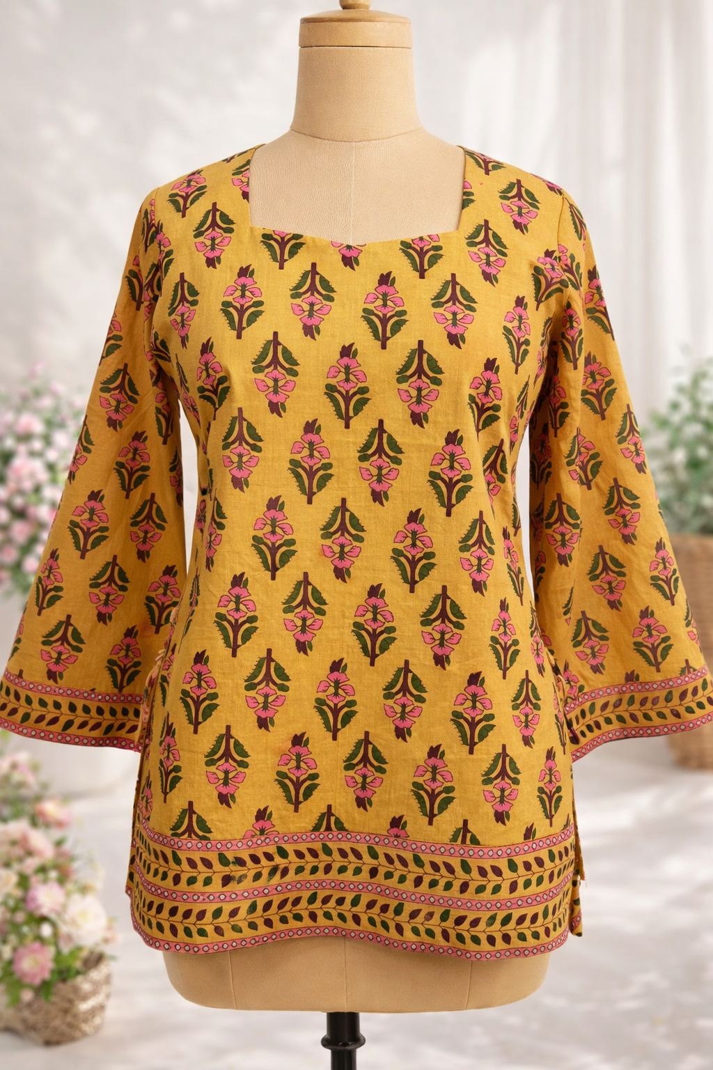  Darshan Style Hub Women Mustard Cotton Hand Block Printed Short Kurti Top | Square Neck | Full Bell Sleeves | Side Tie-Up Ethnic Wear 5