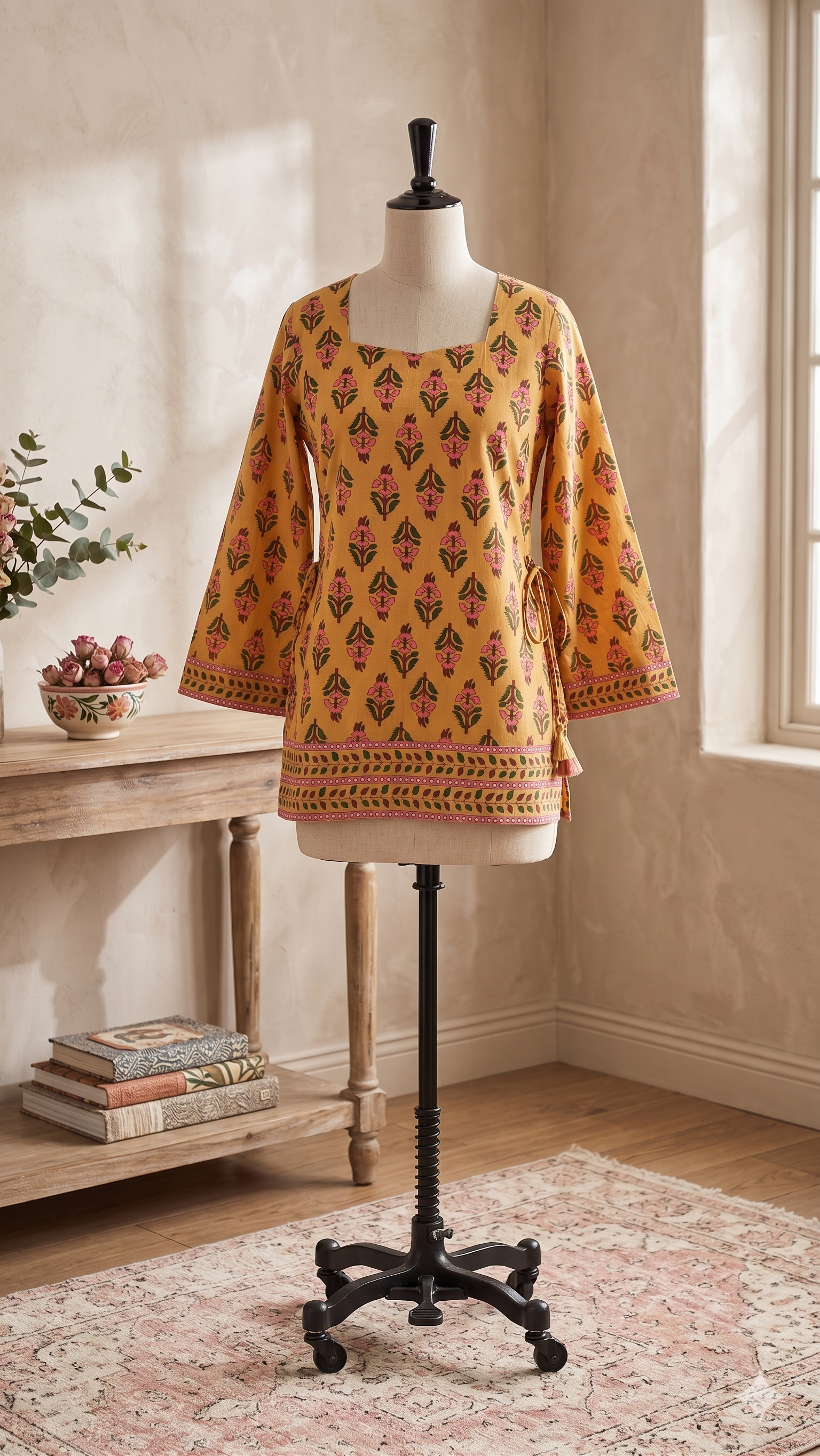  Darshan Style Hub Women Mustard Cotton Hand Block Printed Short Kurti Top | Square Neck | Full Bell Sleeves | Side Tie-Up Ethnic Wear 6
