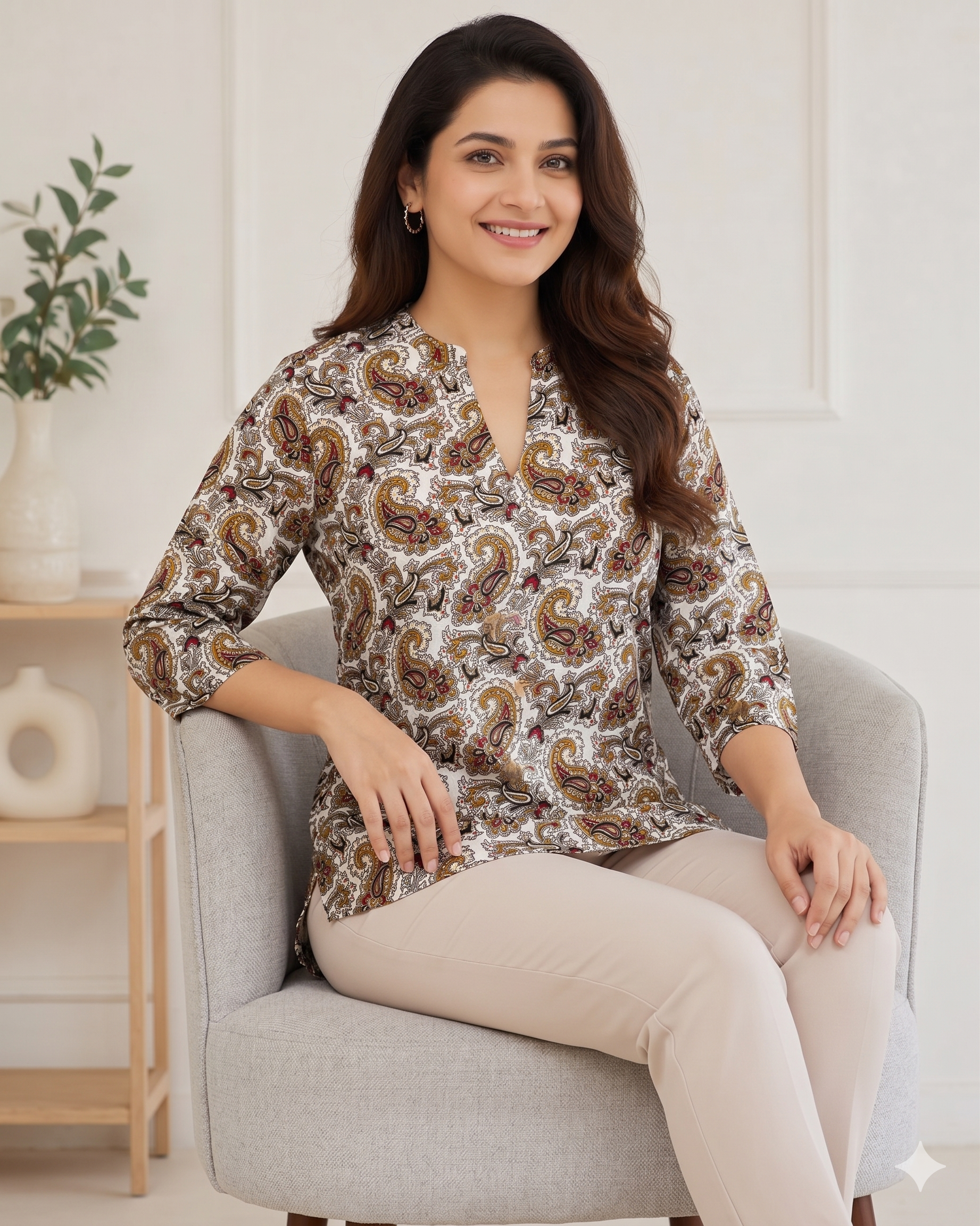 Darshan Style Hub Women Paisley Printed Top | Notch V-Neck | 3/4th Sleeve Casual Ethnic Wear 4