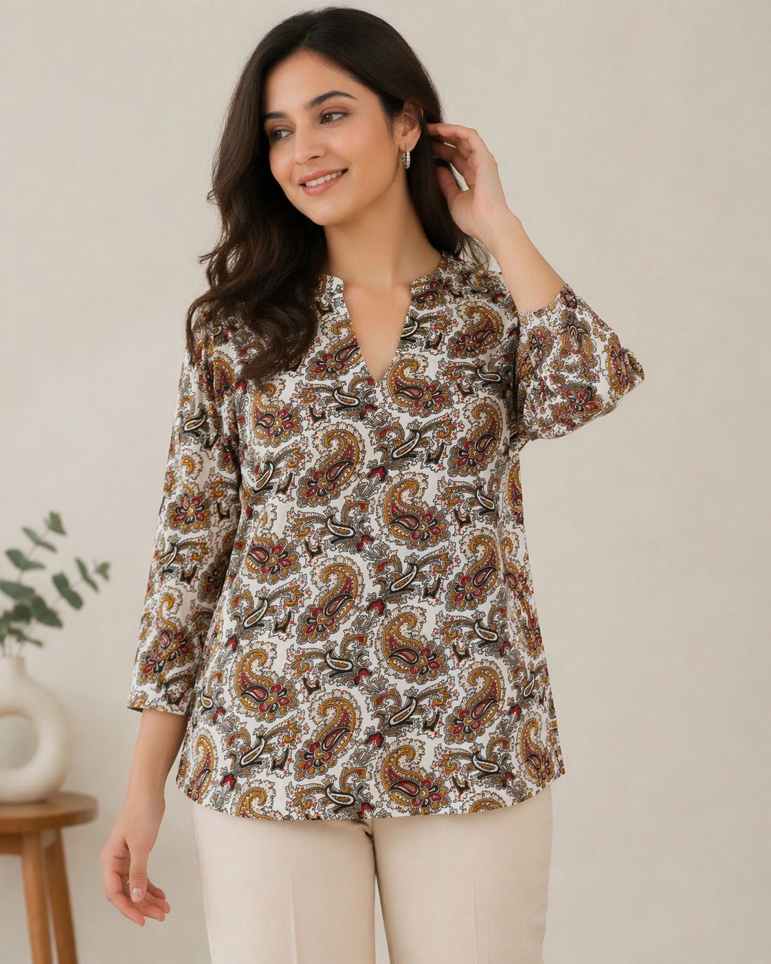Darshan Style Hub Women Paisley Printed Top | Notch V-Neck | 3/4th Sleeve Casual Ethnic Wear 7